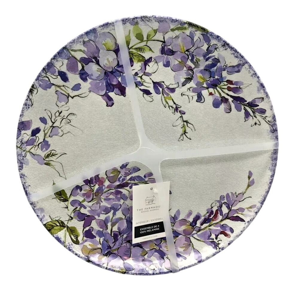 4pc Rachel Ashwell Farmhouse Purple Floral Melamine Salad Plates 9" NEW